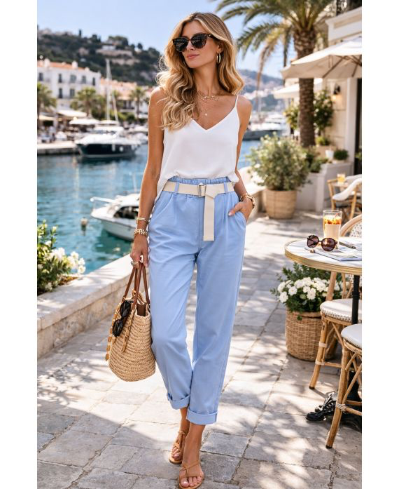 Pantalon taille élastique 2 poches + ceinture bleu clair