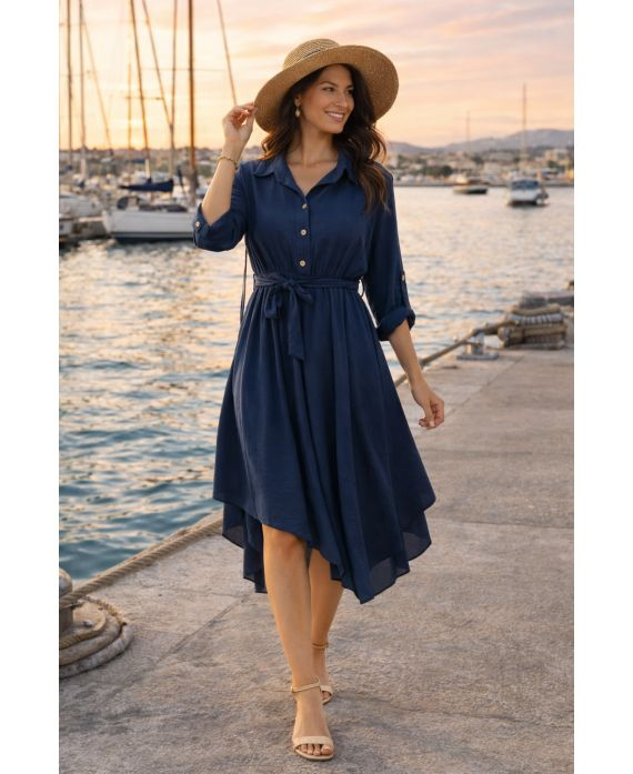 Robe asymétrique + ceinture bleu marine