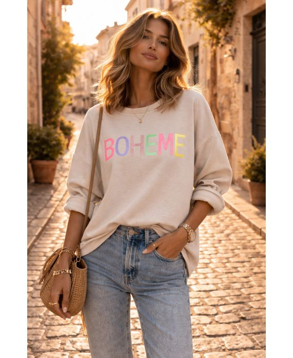 Sweat-shirt bohème paillettes beige