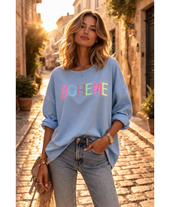 Sweat-shirt bohème paillettes bleu