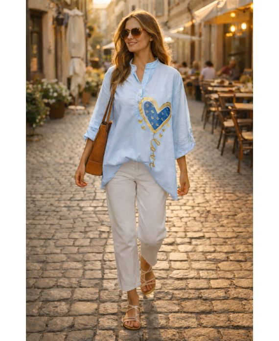 Chemise coton cœur bleu