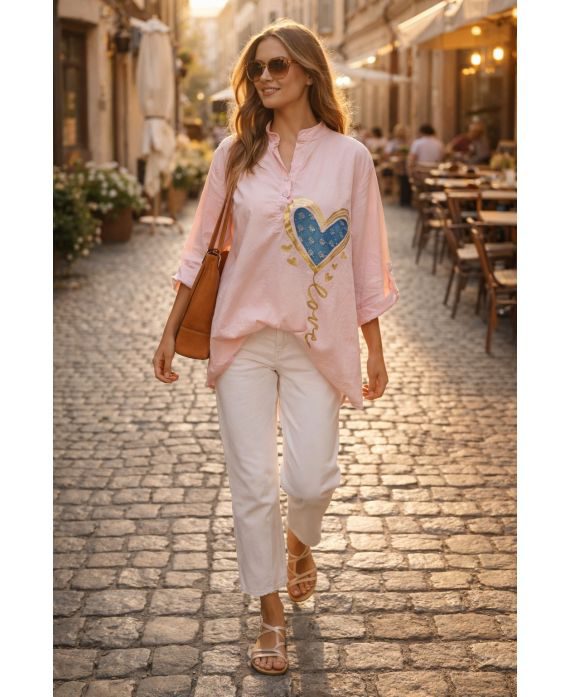 Chemise coton cœur rose
