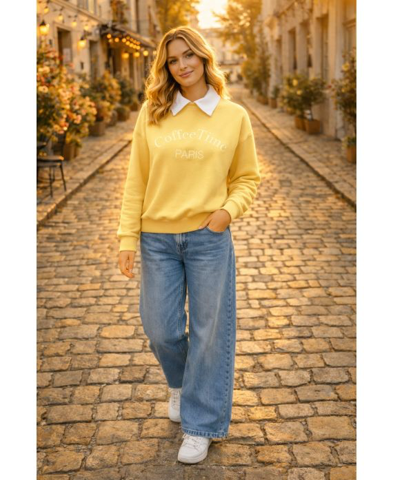 Sweat-shirt col polo jaune