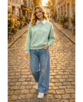 Sweat-shirt col polo vert pastel