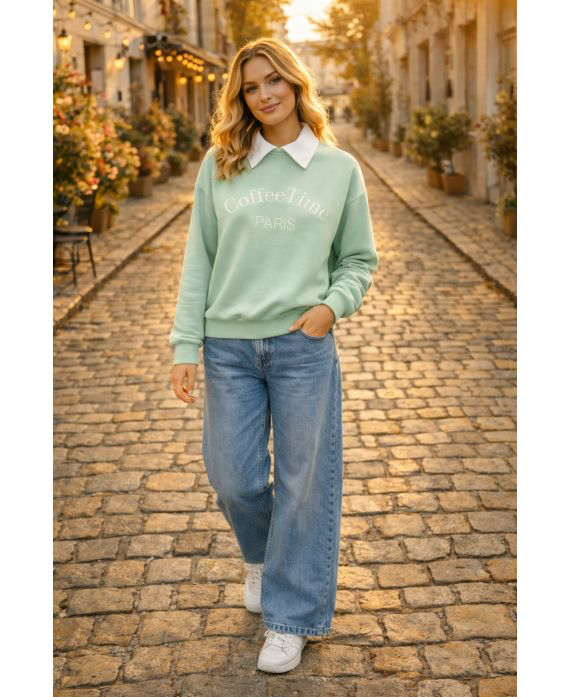 Sweat-shirt col polo vert pastel