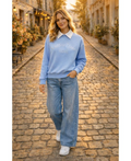 Sweat-shirt col polo bleu ciel