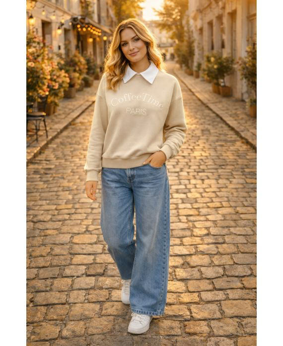 Sweat-shirt col polo beige