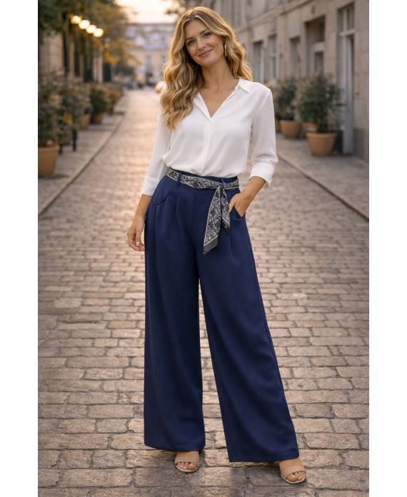 Pantalon ceinture foulard marine