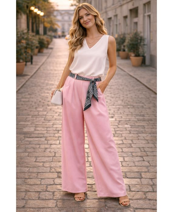 Pantalon ceinture foulard rose