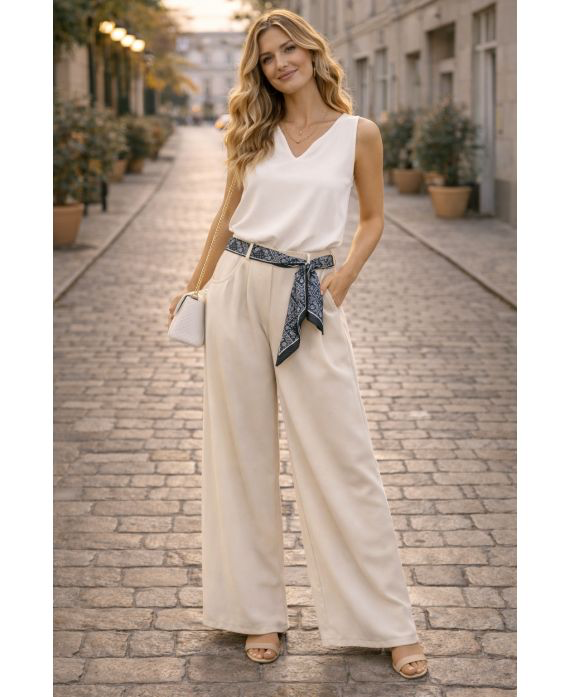Pantalon ceinture foulard beige