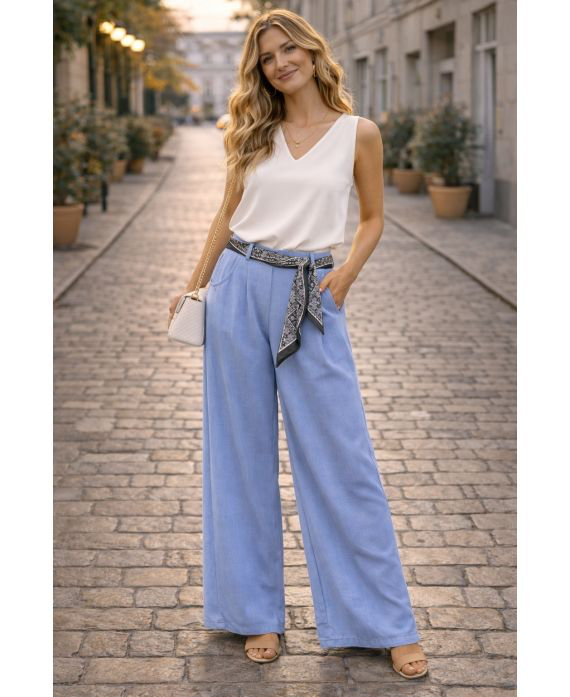 Pantalon ceinture foulard bleu jeans