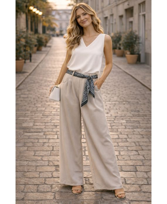 Pantalon ceinture foulard taupe