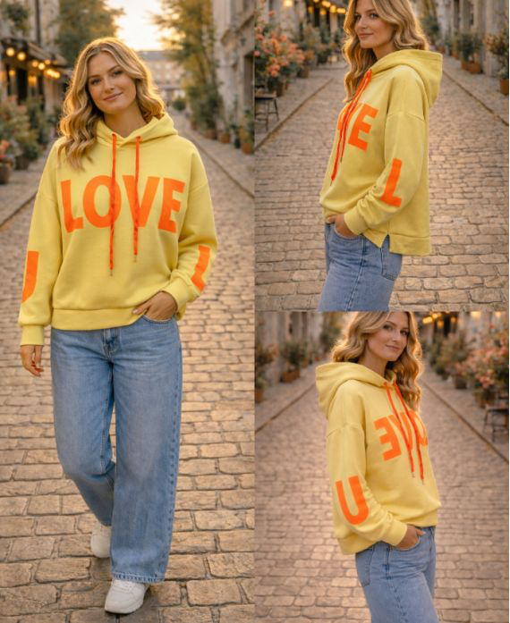 Sweat capuche love jaune