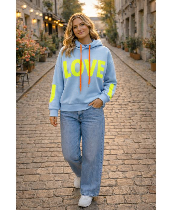 Sweat capuche love bleu