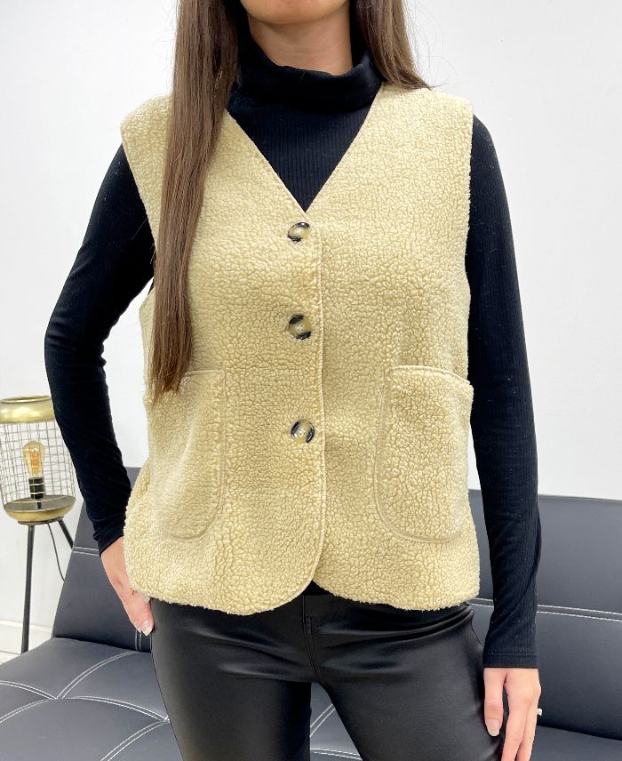 Gilet laine sans manches 2 poches beige