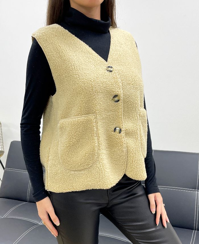 Gilet laine sans manches 2 poches beige