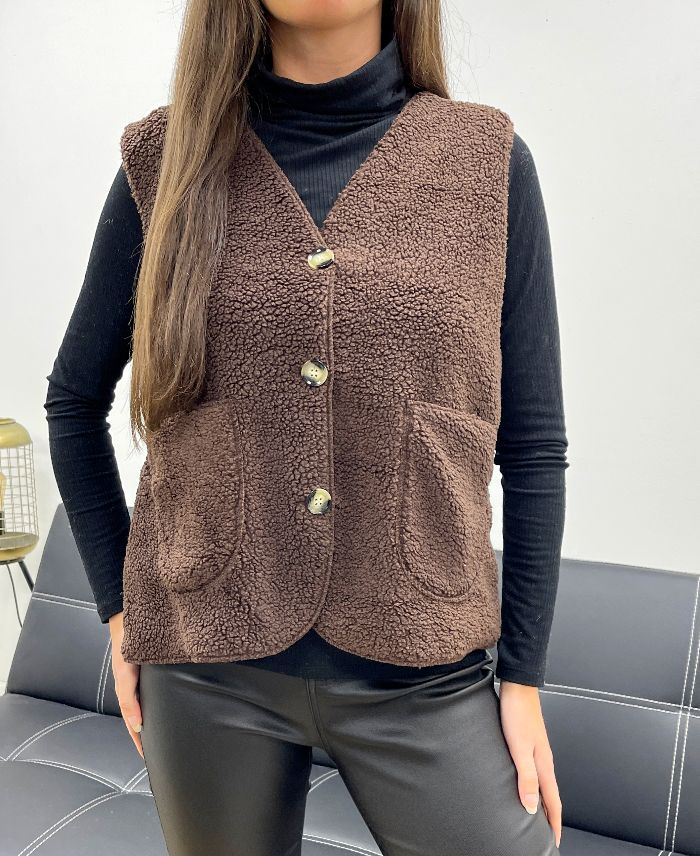 Gilet laine sans manches 2 poches chocolat