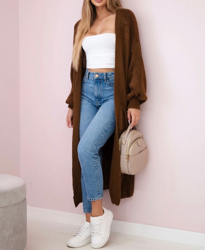 Gilet long maille 2 poches chocolat