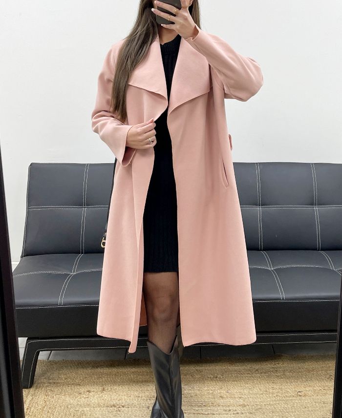 Manteau long 2 poches et ceinture rose