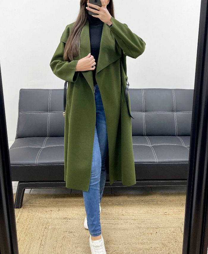 Manteau long 2 poches et ceinture kaki