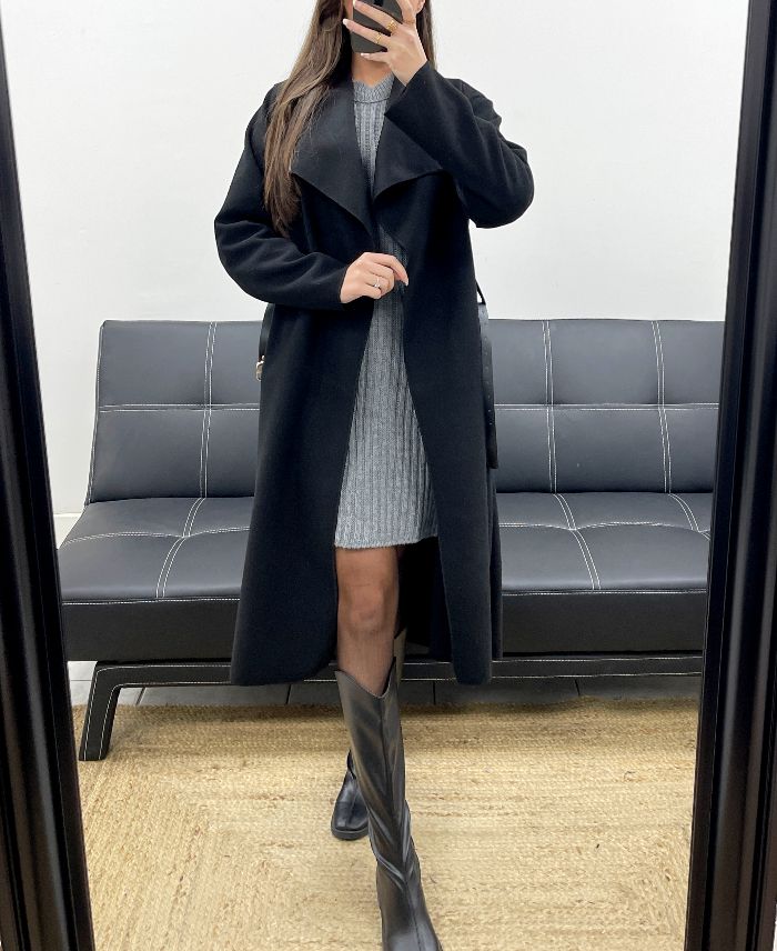 Manteau long 2 poches et ceinture noir