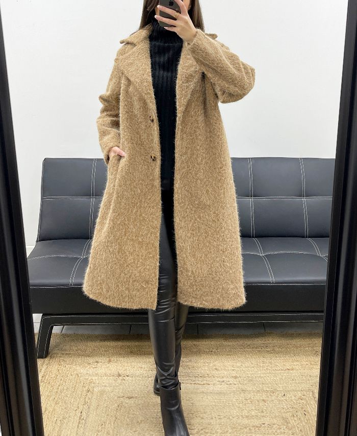 Manteau long oversize 2 poches à poils doux camel