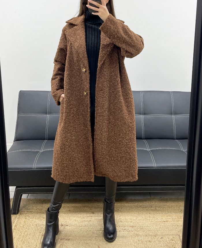 Manteau long oversize 2 poches à poils doux chocolat