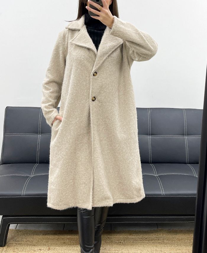 Manteau long oversize 2 poches à poils doux beige