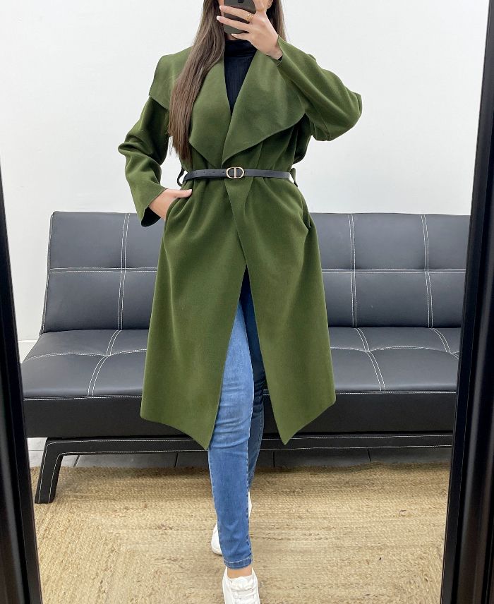 Manteau long 2 poches et ceinture kaki