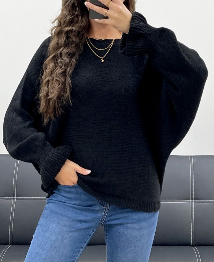 Pullover laine détail manches noir