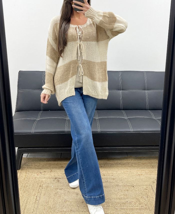 Pull gilet doux à rayures beige