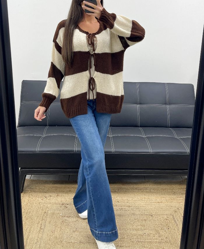 Pull gilet doux à rayures chocolat