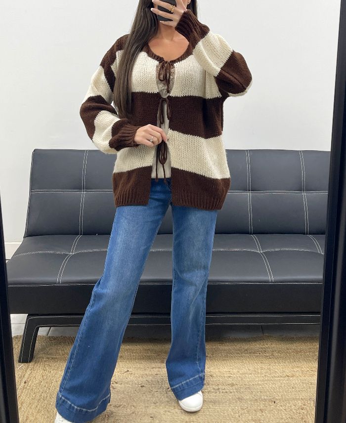 Pull gilet doux à rayures chocolat