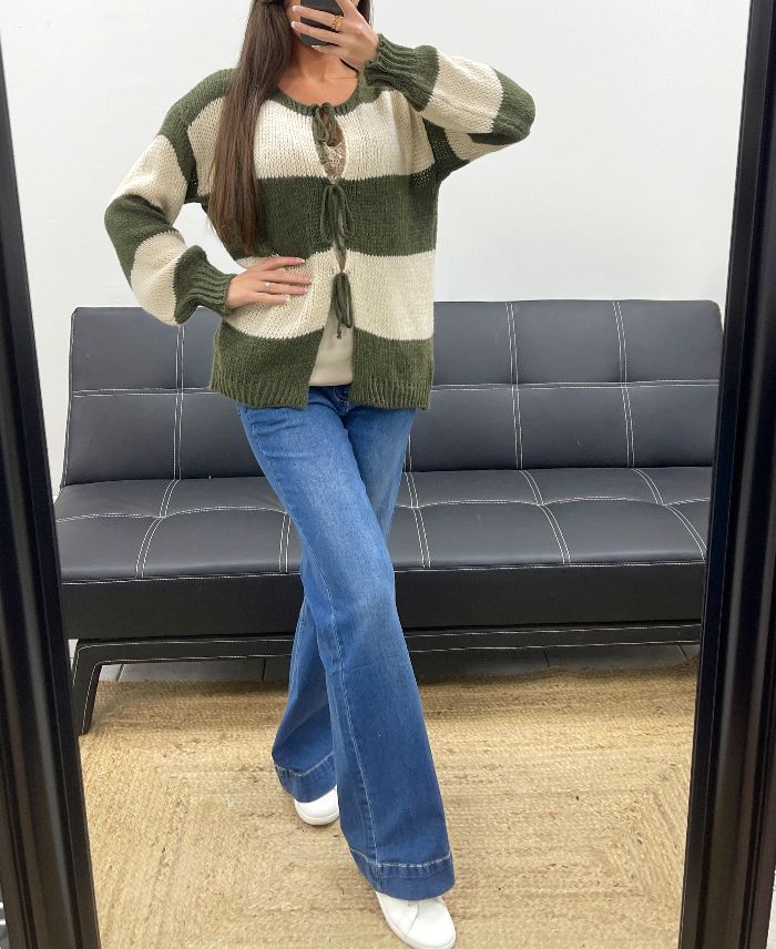 Pull gilet doux à rayures kaki