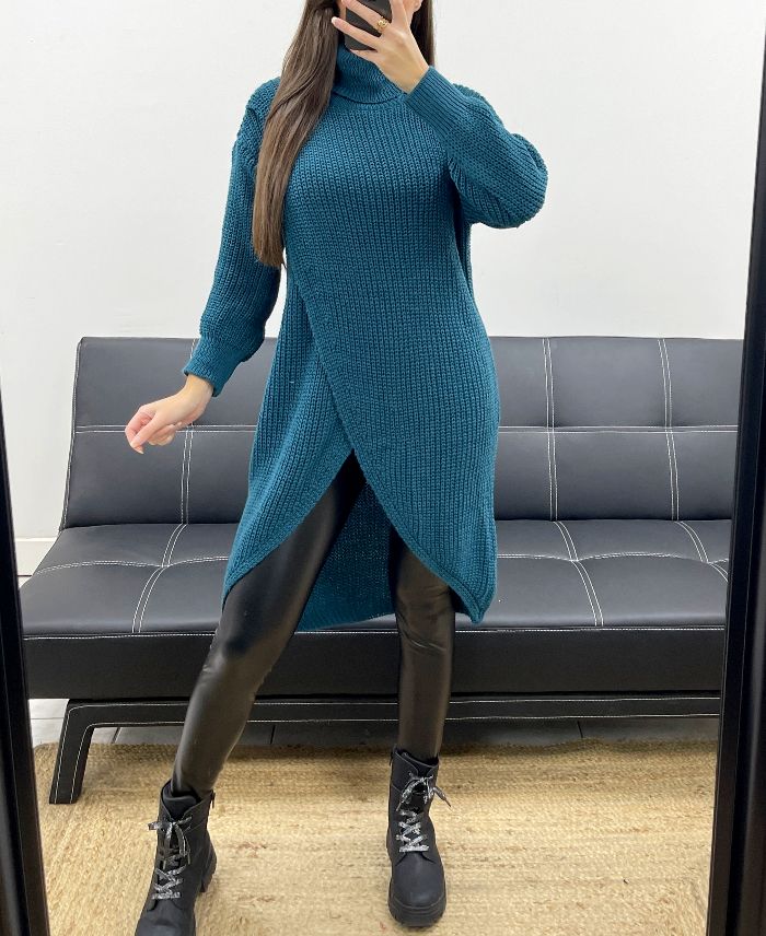 Pull long drapé bleu
