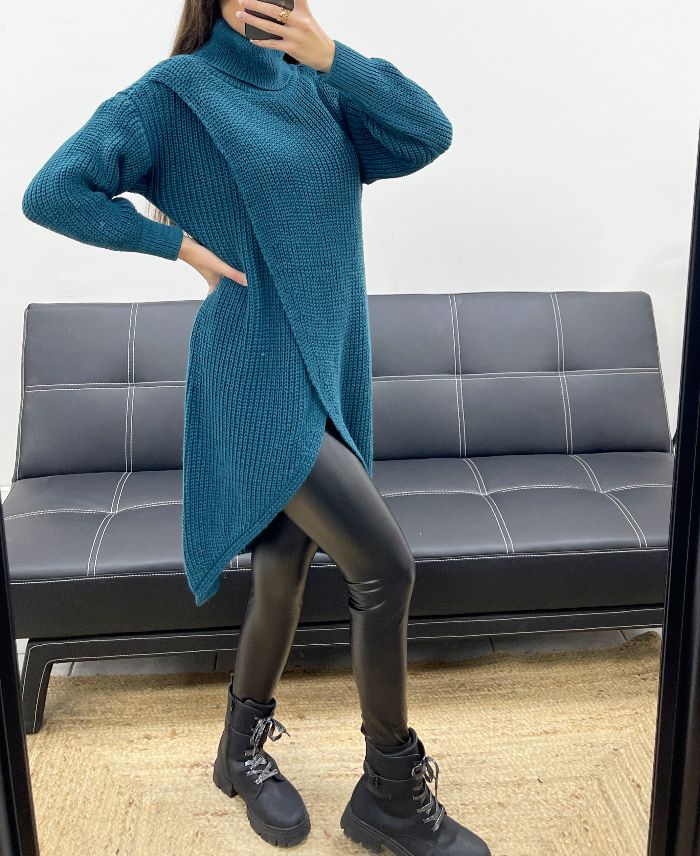 Pull long drapé bleu