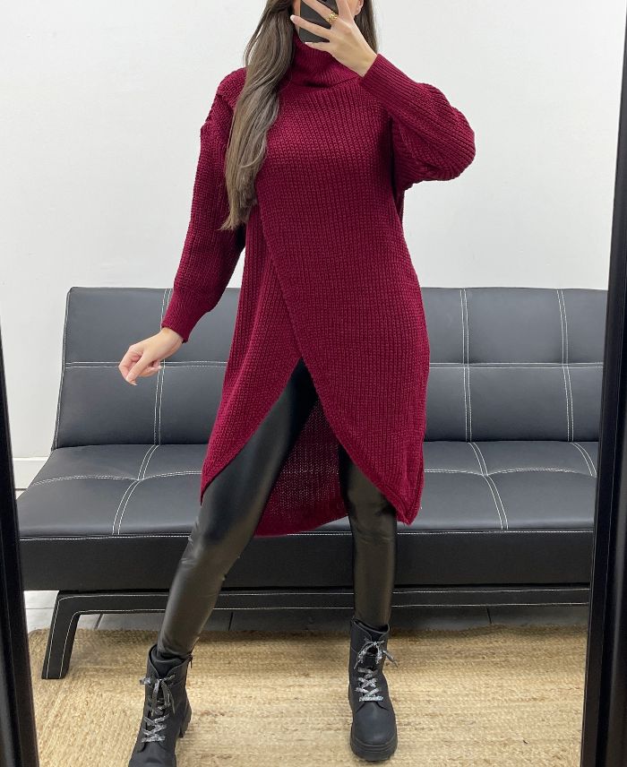Pull long drapé burgundy
