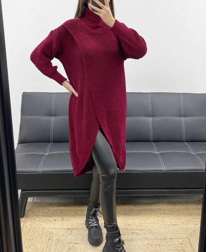 Pull long drapé burgundy