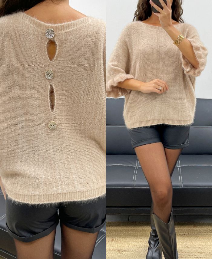 Pullover mohair dos à boutons beige