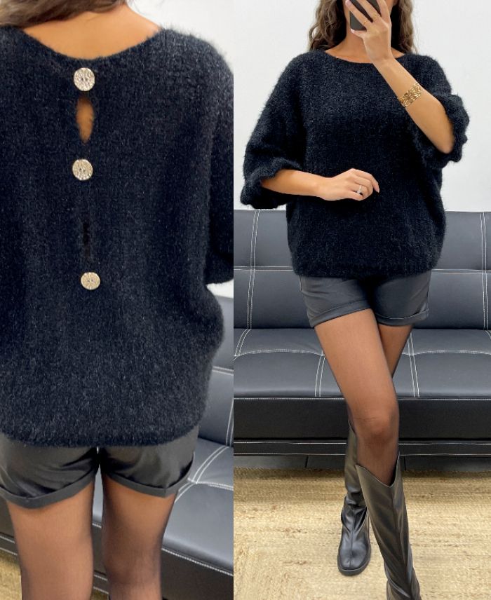 Pullover mohair dos à boutons noir