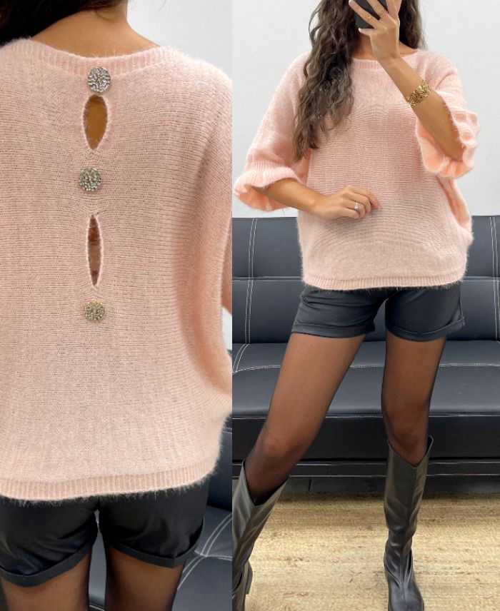 Pullover mohair dos à boutons rose